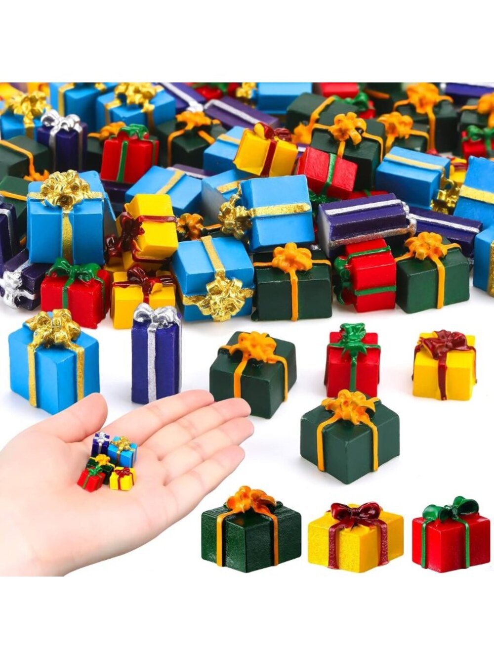 100 Miniature Christmas Gift Box Decorations - Resin Holiday Ornaments, 100 Pcs